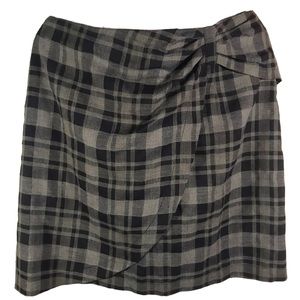 Dark academia army green and black plaid wool blend mini skirt faux wrap style
